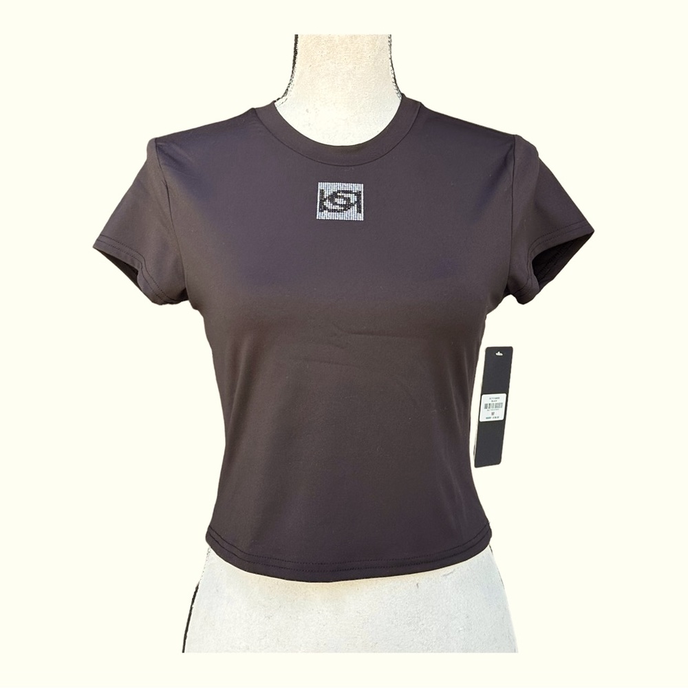 Bebe Crop Top‎ Womens Medium Black Stretch Short Sleeve Silver stone logo.